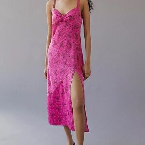 Urban Outfitters UO Pink Butterfly Print Satin Midi Dress Side Slit 90s Y2K Sz M